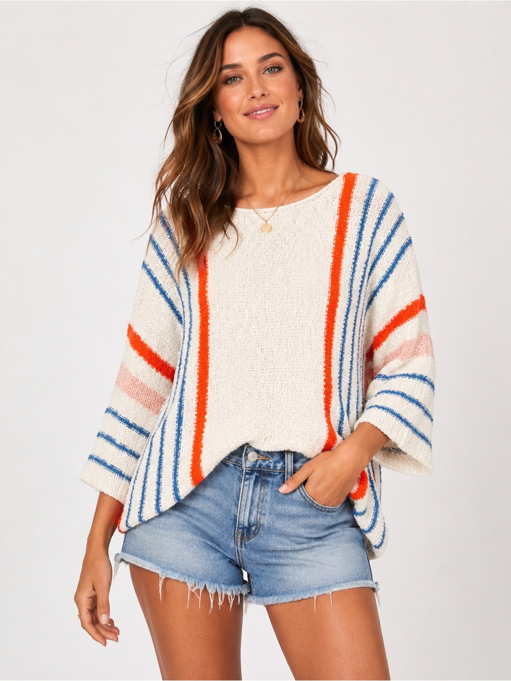 Boutique Boucle Sweater Women Sz L Ivory Blue Orange Striped 3/4 Sleeve Knit Top
